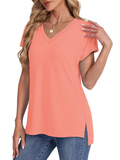 High-Low Raglan Sleeve Solid Color Split-Joint Split-Side V-Neck T-Shirts