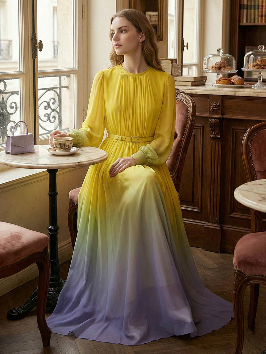 High Waisted Long Sleeves Belted Contrast Color Gradient Pleated Split-Joint Round-Neck Maxi Dresses