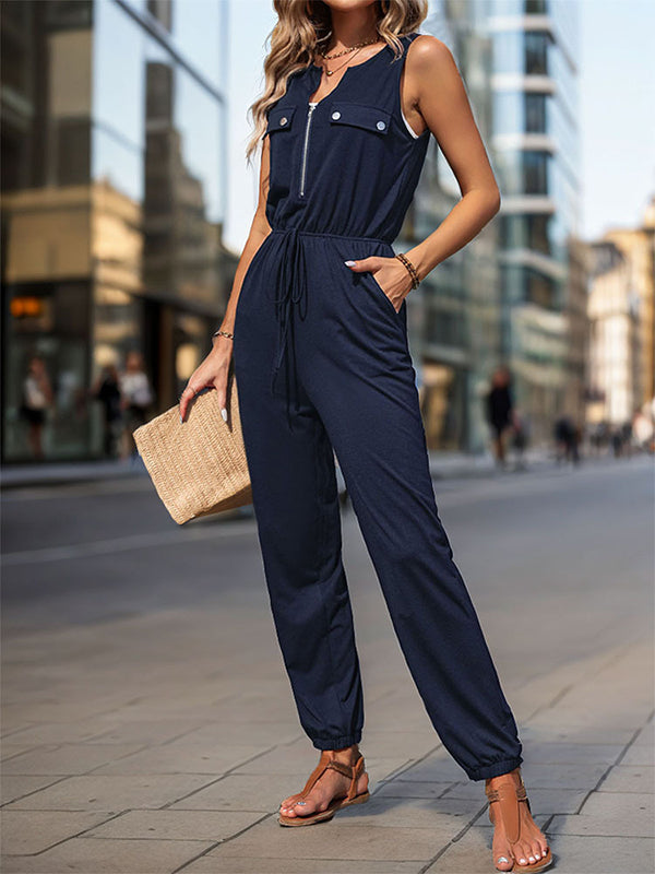 Sleeveless Solid Color Zipper V-Neck Jumpsuits