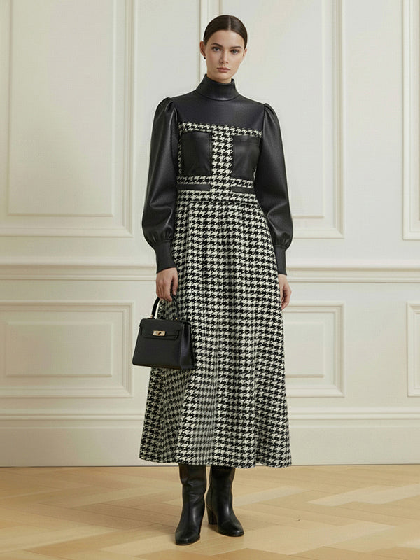 A-Line Loose Contrast Color Split-Joint Swallow Gird/Houndstooth Zipper High Neck Maxi Dresses