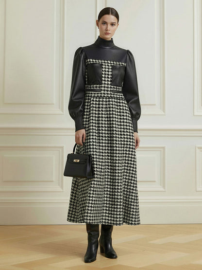 A-Line Loose Contrast Color Split-Joint Swallow Gird/Houndstooth Zipper High Neck Maxi Dresses