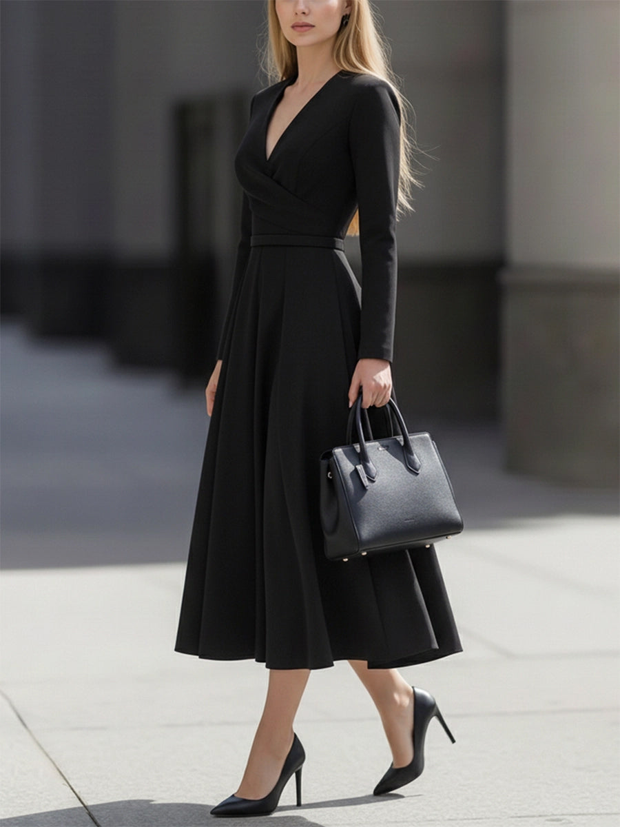 A-Line Long Sleeves Pleated Pockets Solid Color V-Neck Midi Dresses