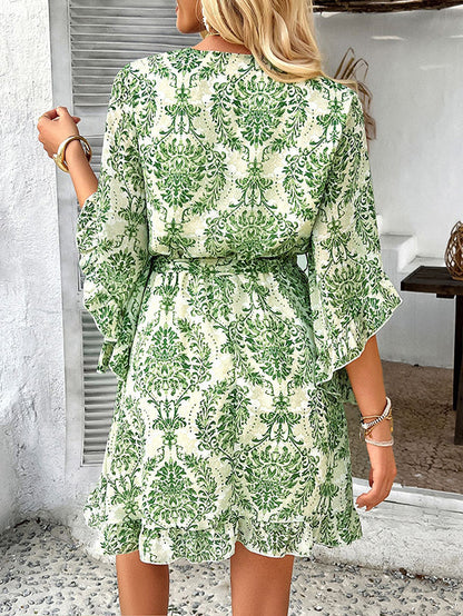 Mini-robes à manches évasées, manches mi-longues, imprimé floral, volants, taille nouée, col en V 