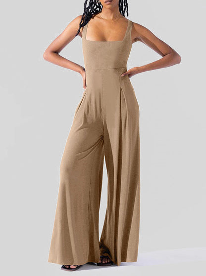 Loose Sleeveless Pleated Solid Color Spaghetti-Neck Jumpsuits
