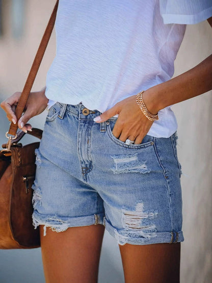 Loose Hollow Ripped Split-Joint Denim Shorts