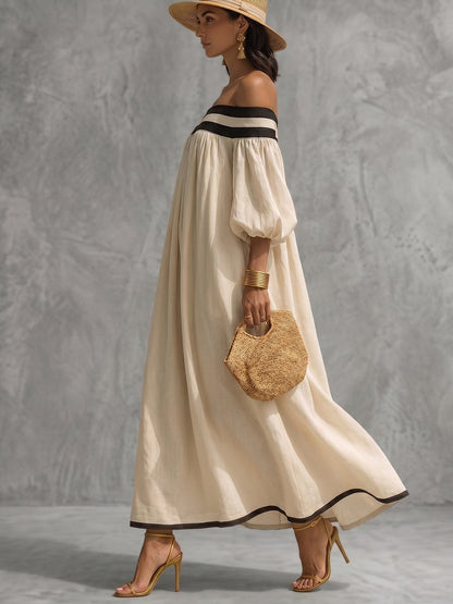 Loose Puff Sleeves Contrast Color Elasticity Pleated Off-The-Shoulder Maxi Dresses