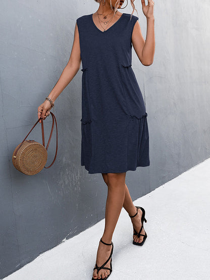 A-line Loose Pleated Solid Color Split-Joint V-neck Midi Dresses