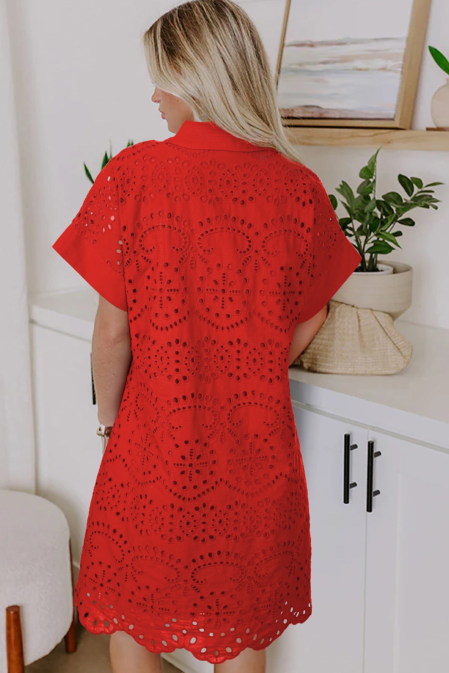 White Solid Color Eyelet Embroidered T Shirt Mini Dress