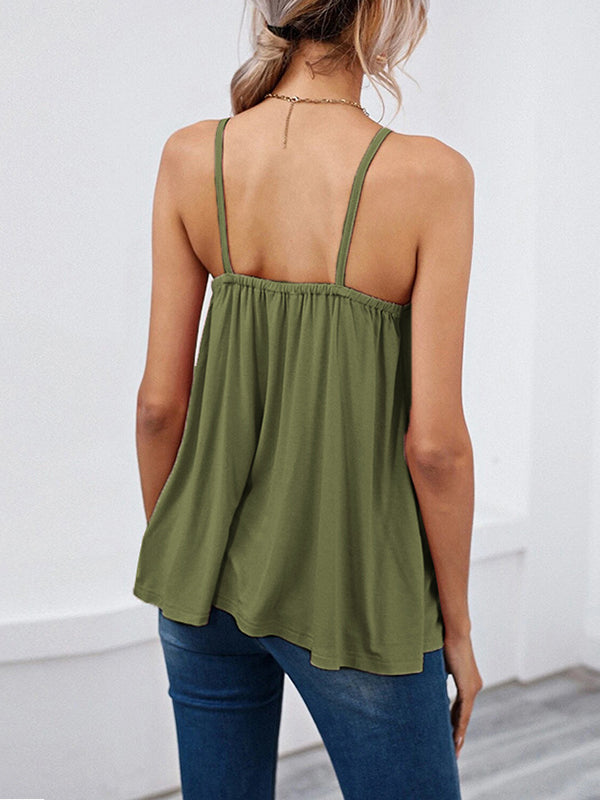 Sleeveless Pleated Solid Color Split-Joint Spaghetti-Neck Camis