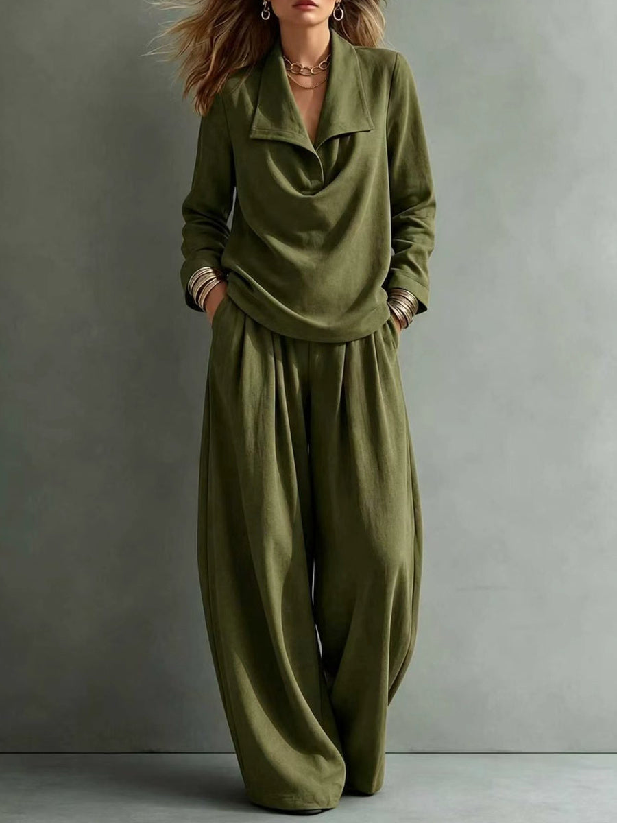Solid Color Lapel Long Sleeves Blouses&shirts Tops + High Waisted Pleated Pockets Pants Trousers Two Pieces Set