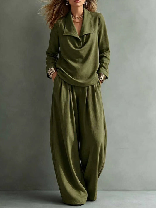 Solid Color Lapel Long Sleeves Blouses&shirts Tops + High Waisted Pleated Pockets Pants Trousers Two Pieces Set