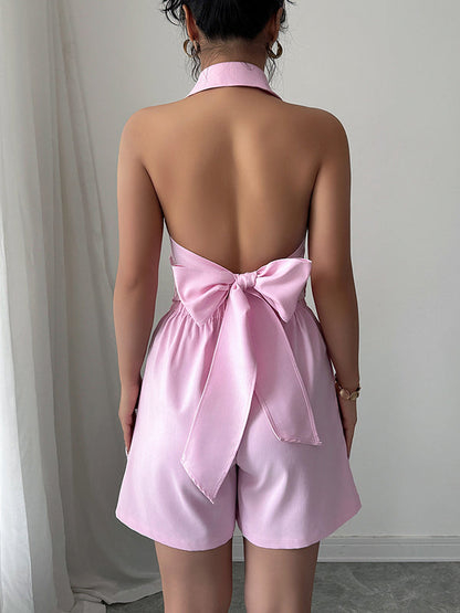 Sleeveless Backless Buttoned Solid Color Tied Notched Collar Vest Top + Elasticity Pockets Shorts Bottom Two Pieces Set