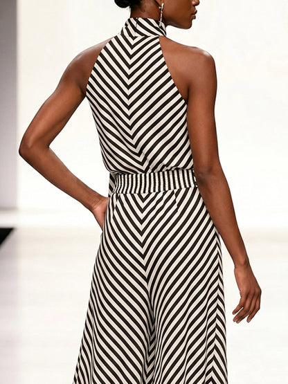 High Waisted Loose Buckle Contrast Color Elasticity Striped Pants Trousers