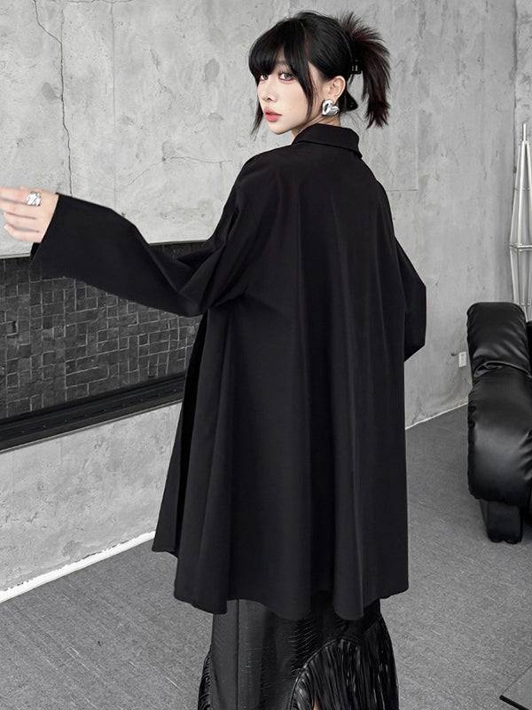 High-Low Irregularity Buttoned Pleated Solid Color Split-Joint Shirt Collar Blouses&Shirts Tops