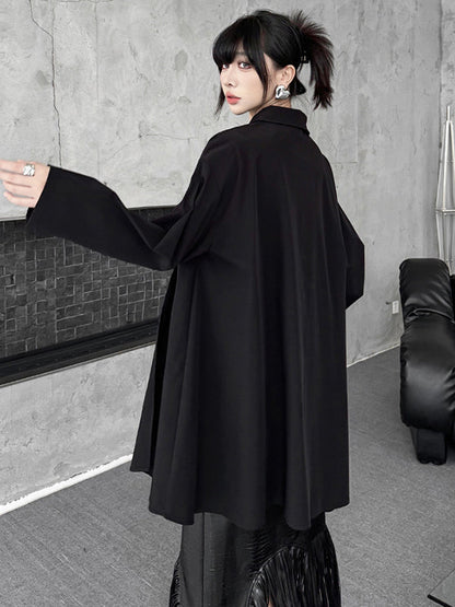 High-Low Irregularity Buttoned Pleated Solid Color Split-Joint Shirt Collar Blouses&Shirts Tops