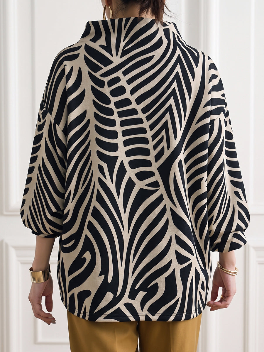 Printed Contrast Color Loose Long Sleeves High-neck Sweatshirt Tops