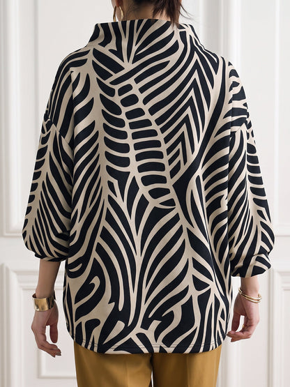 Printed Contrast Color Loose Long Sleeves High-neck Sweatshirt Tops
