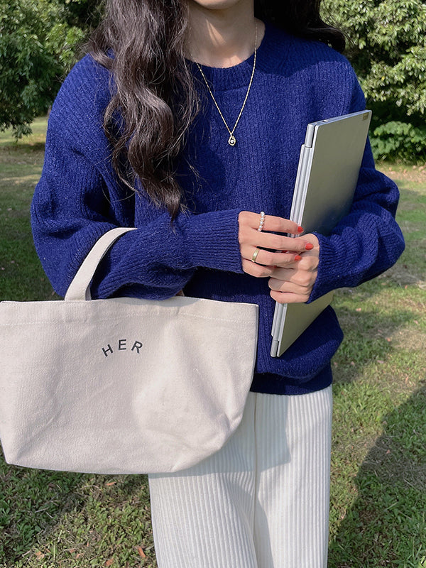 Long Sleeves Loose Solid Color Round-Neck Pullovers Sweater Tops