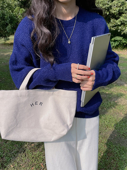 Long Sleeves Loose Solid Color Round-Neck Pullovers Sweater Tops