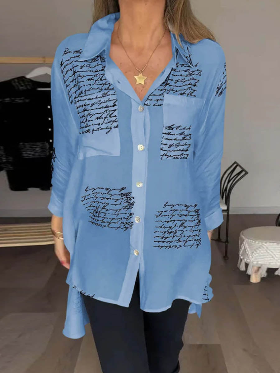 High-Low Long Sleeves Contrast Color Letter Print Pockets Lapel Blouses&Shirts Tops