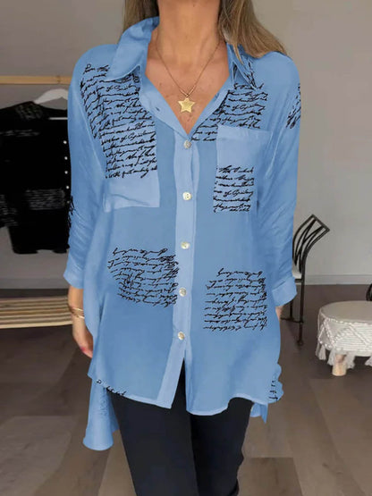 High-Low Long Sleeves Contrast Color Letter Print Pockets Lapel Blouses&Shirts Tops