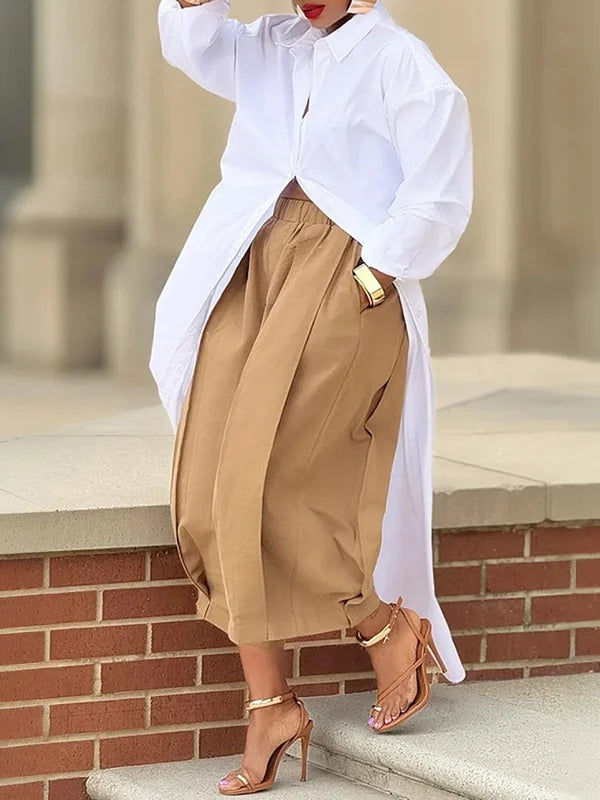 Solid Color Pockets Pleated Wide Leg Loose Pants
