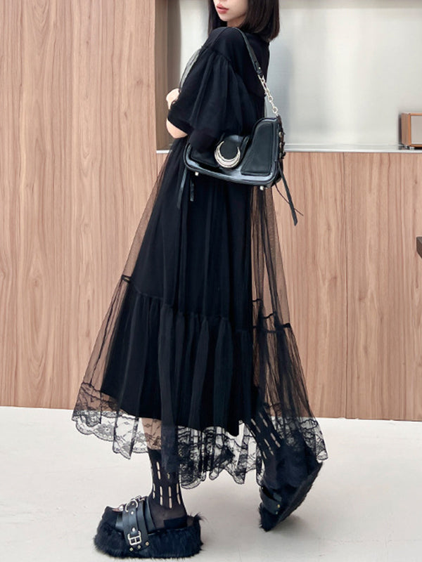 Fake Two-Piece Loose Gauze Pleated Solid Color Split-Joint Tiered Round-Neck Midi Dresses