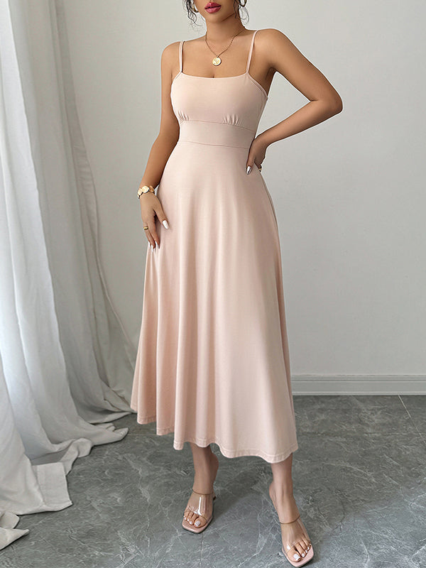 A-Line High Waisted Backless Pleated Solid Color Spaghetti-Neck Midi Dresses