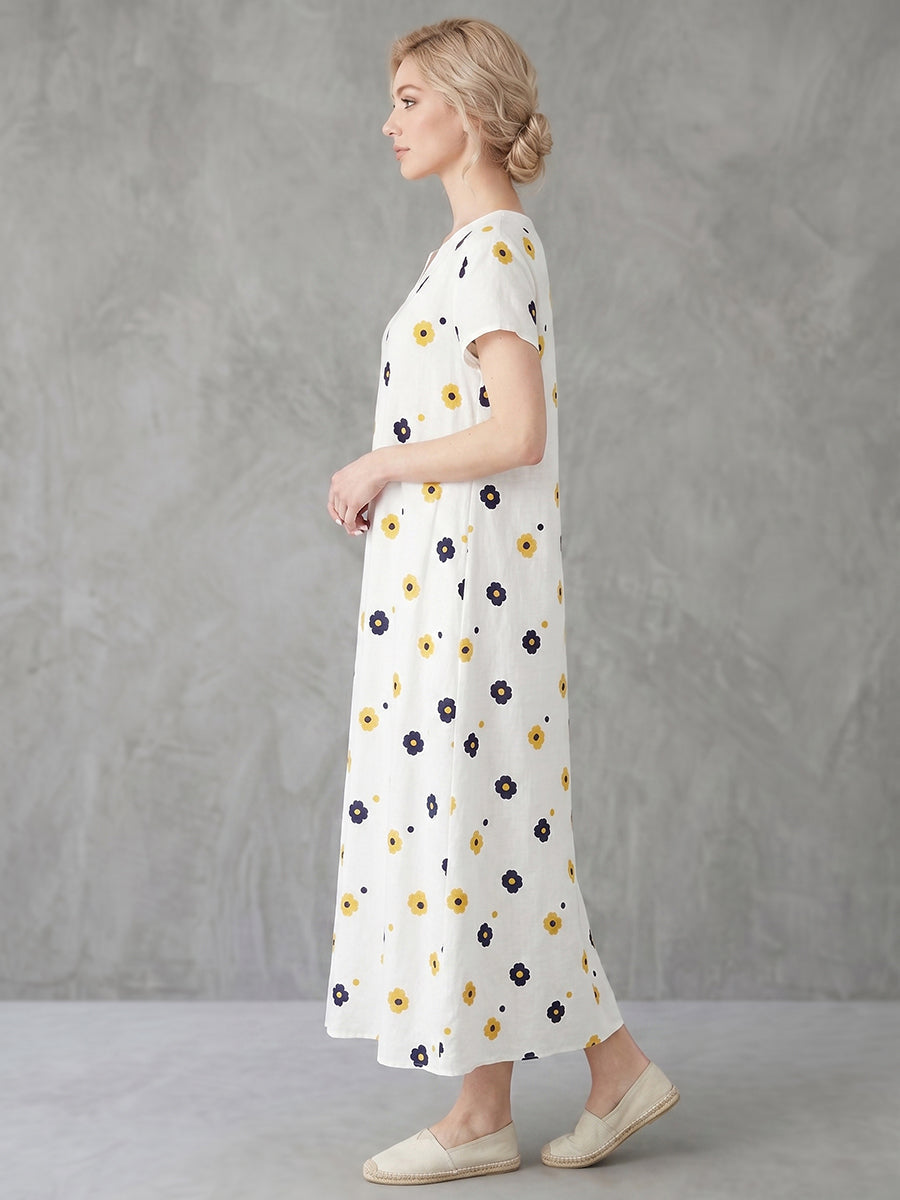 A-Line Loose Contrast Color Floral Printed V-Neck Maxi Dresses