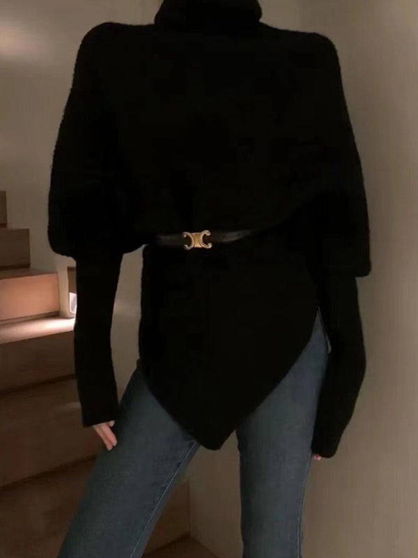 Long Sleeves Loose Asymmetric Solid Color Velvet High Neck Knitwear Pullovers Sweater Tops