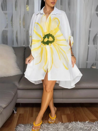 Half Sleeves Loose Buttoned Flower Print Lapel Mini Dresses Shirt Dress