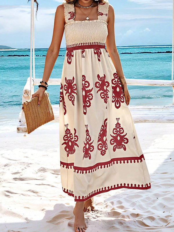 A-Line Loose Elasticity Pleated Printed Split-Joint Square-Neck Maxi Dresses