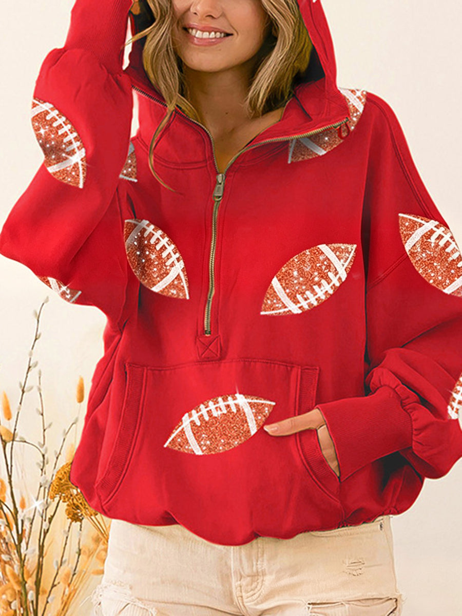 Zipper Split-Joint Ribbed Printed Pockets Drawstring Loose Long Sleeves Hooded Sweater Pullovers