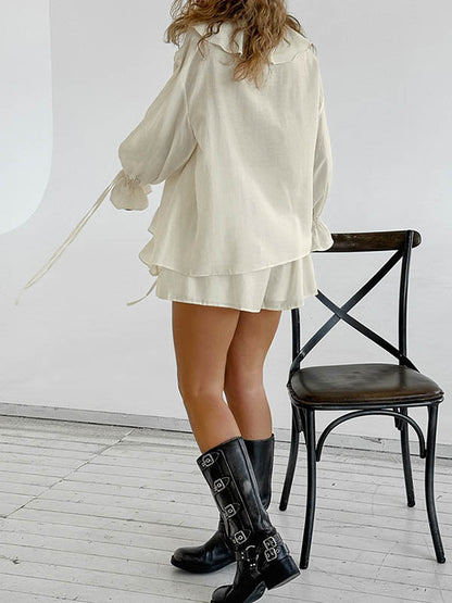 Long Sleeves Loose Ruffle Trim Solid Color Tied V-Neck Blouses&Shirts Tops + Elasticity Shorts Bottom Two Pieces Set