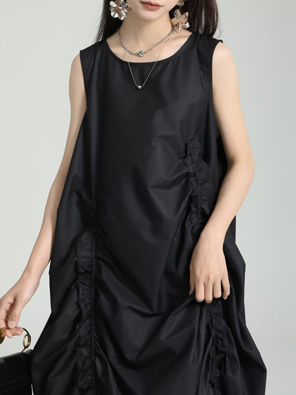 Robe mi-longue ample sans manches, asymétrique, élastique, plissée, couleur unie, col rond 