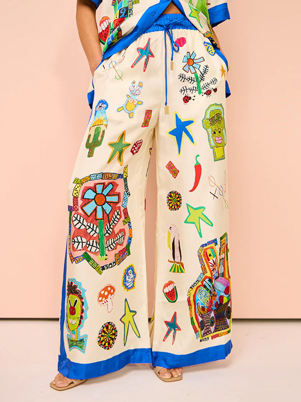 High Waisted Loose Asymmetric Printed Split-Joint Pants Trousers COLORFUL