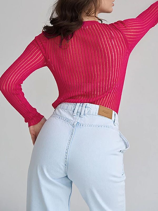 Langärmlige, schmale, durchsichtige T-Shirts mit geteiltem Rundhalsausschnitt 