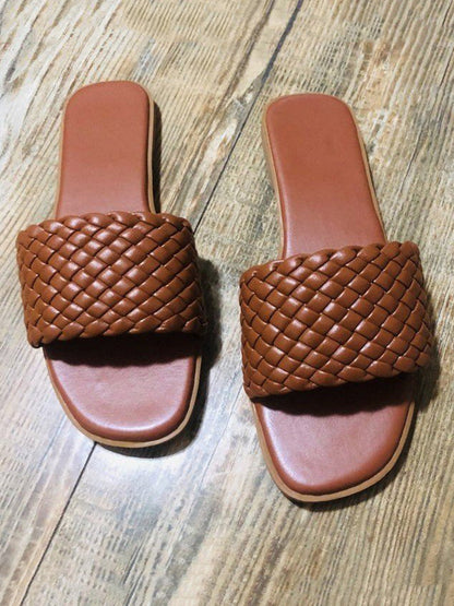 Solid Color Square-Toe Woven Flats Mules&Slides