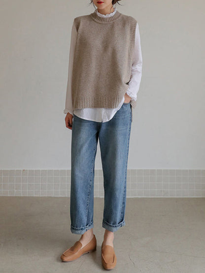 Simple Sleeveless Loose Buttoned Solid Color Round-Neck Sweater Vest Outerwear