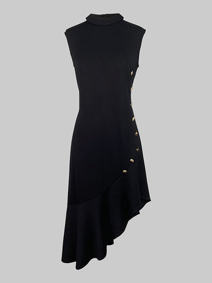 Loose Sleeveless Asymmetric Buttoned Ruffle Trim Solid Color Mock Neck Midi Dresses