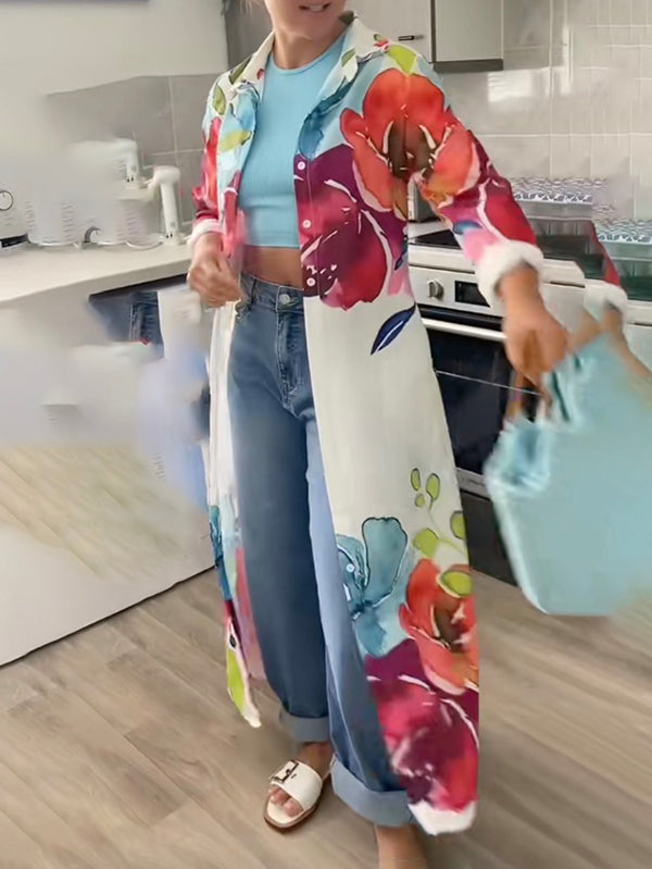 Long Sleeves Loose Buttoned Flower Print Lapel Maxi Dresses Shirt Dress