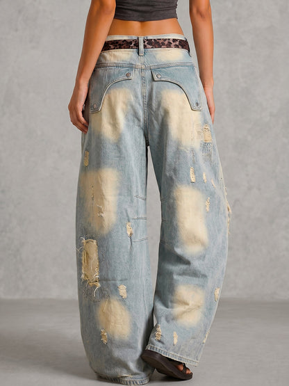 High Waisted Wide Leg Asymmetric Buttoned Contrast Color Jacquard Pockets Split-Joint Streamer Jean Pants Bottoms