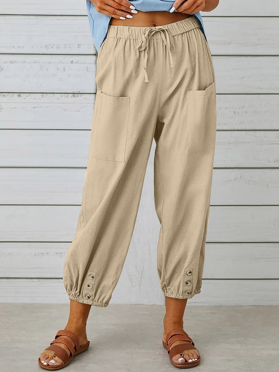 Solid Color Pockets Elasticity Drawstring Buttoned Plus Size High Waisted Trousers Ninth Pants