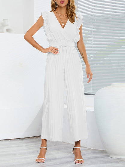 High Waisted Loose Belted Pleated Ruffled Solid Color V-Neck Jumpsuits