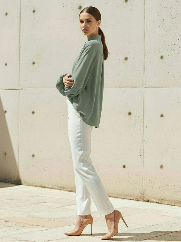 High-Low Puff Sleeves Buttoned Solid Color Split-Joint Lapel Blouses