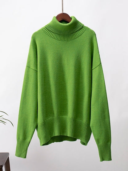 High-Low Long Sleeves Solid Color Split-Joint High Neck Sweater Tops