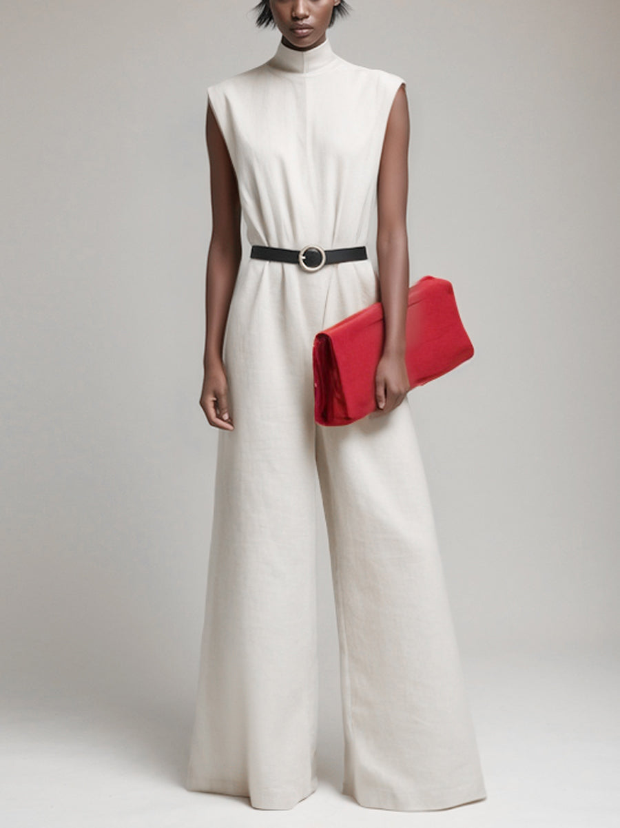 High Waisted Sleeveless No Belt Solid Color Mock Neck Jumpsuits