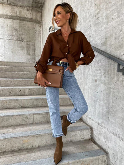 Chemisiers tendance à manches longues et col à revers de couleur unie 