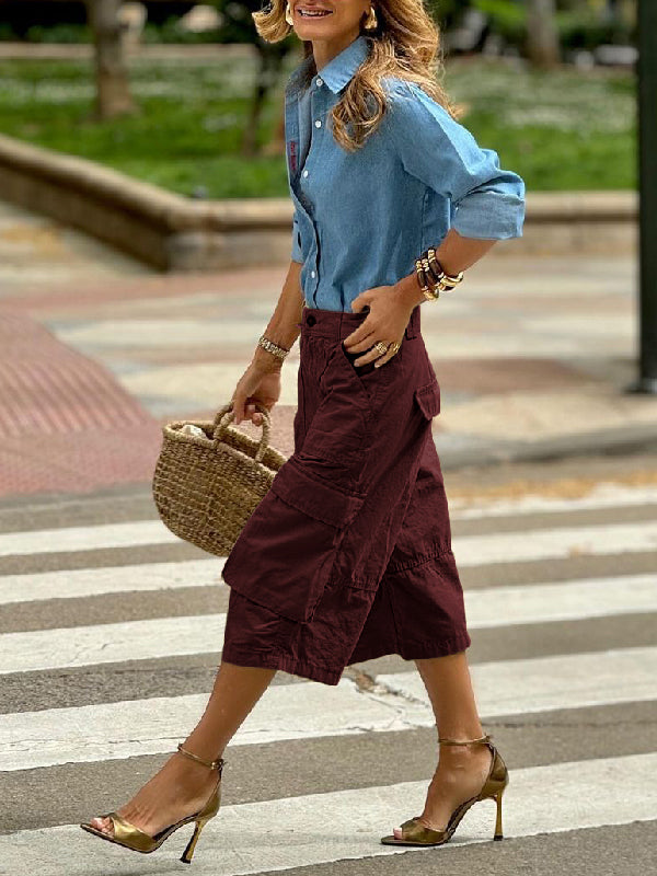 Loose Wide Leg Buttoned Pockets Solid Color Split-Joint Capri-Pants Cropped Trousers