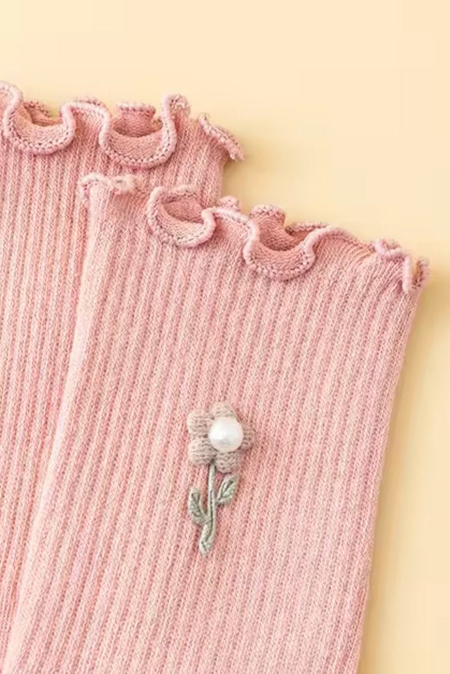 Blush Pearl Rose Ruffle Crew Socks